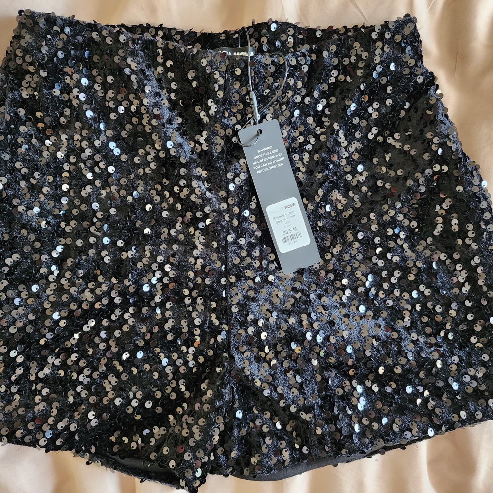 High Waist Black and Silver Sequin Shorts
